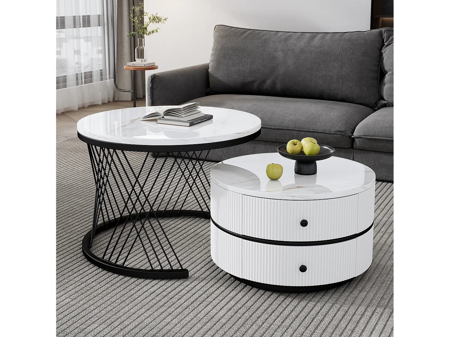 Lot de 2 tables basses gigognes rondes avec 2 tiroirs - 60x60x46cm + 50x50x30.8cm - Motif à marbre - Bois MDF et métal - Blanc + noir