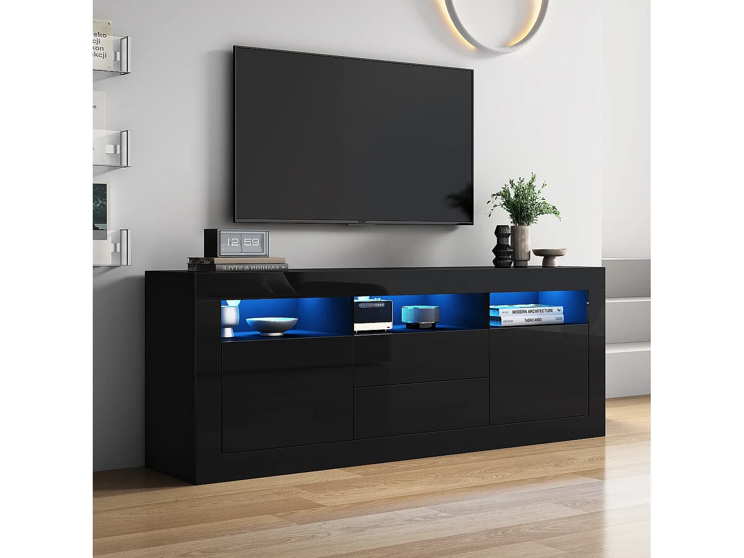 Meuble TV avec 3 compartiments ouverts, 2 portes et 2 tiroirs - 160 x 35 x 60 cm - Panneau de particules - LEDs - Noir brillant