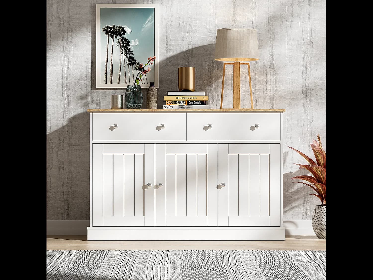 Buffet bas avec 3 portes et 2 tiroirs - 120 x 36 x 80.5 cm - Panneaux de particules - Blanc + naturel