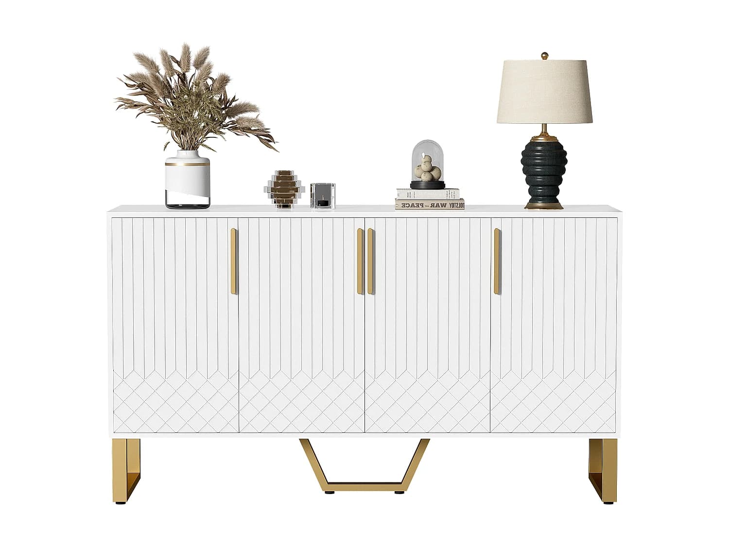 Buffet bas avec 4 portes - 140 L x 40 P x 80 H cm - Bois MDF et pièds en métal doré - Blanc brillant