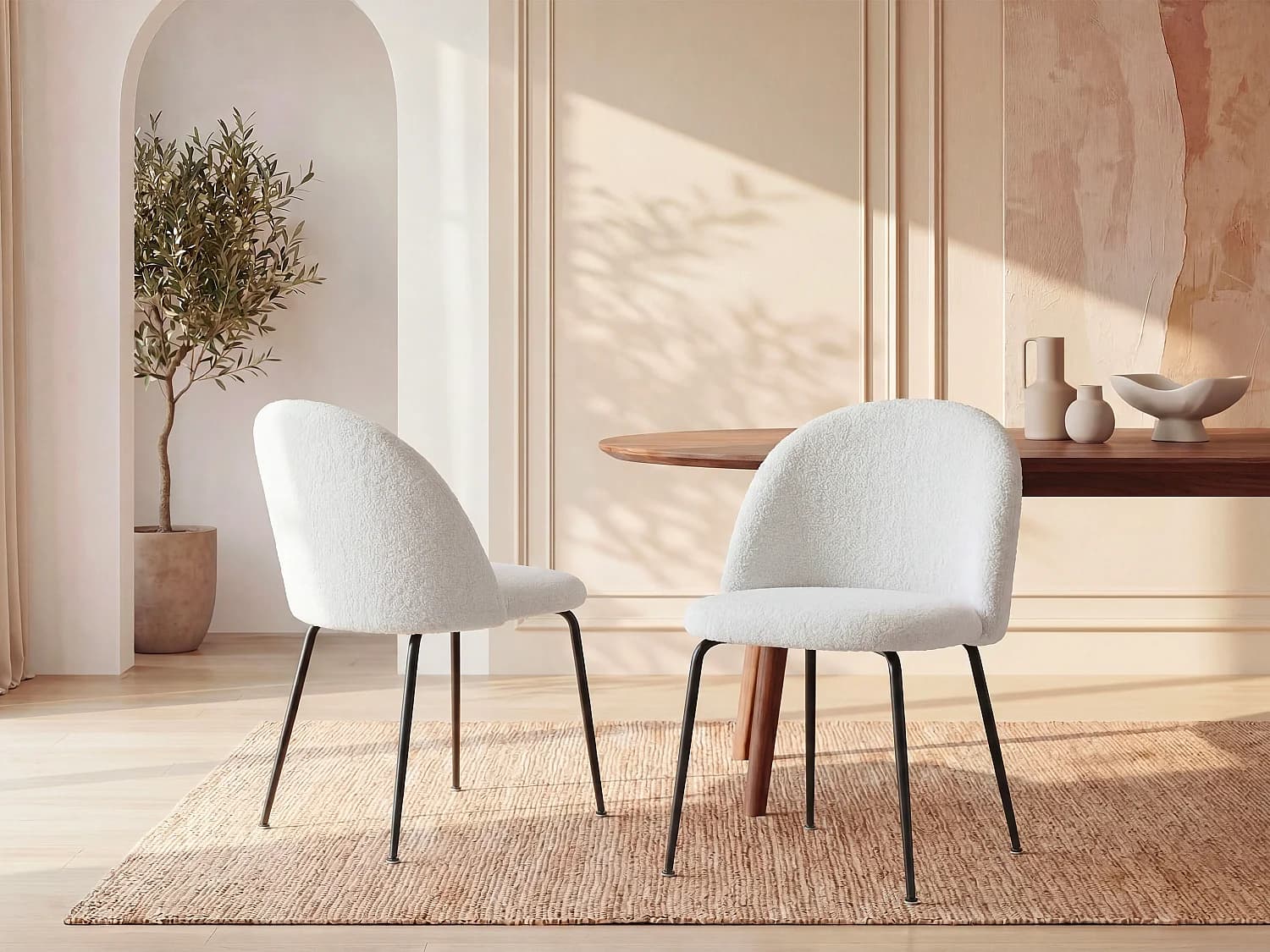 Lot de 6 chaises en tissu bouclette et acier inoxydable noir - Blanc - MELBOURNE
