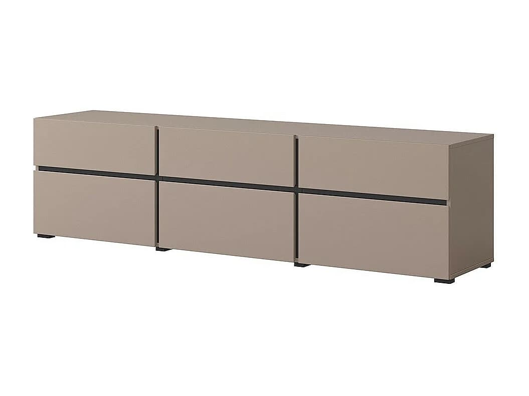 Meuble TV 180cm coloris beige et noir collection HAVANA. Meuble design avec 3 portes et 3 tiroirs.