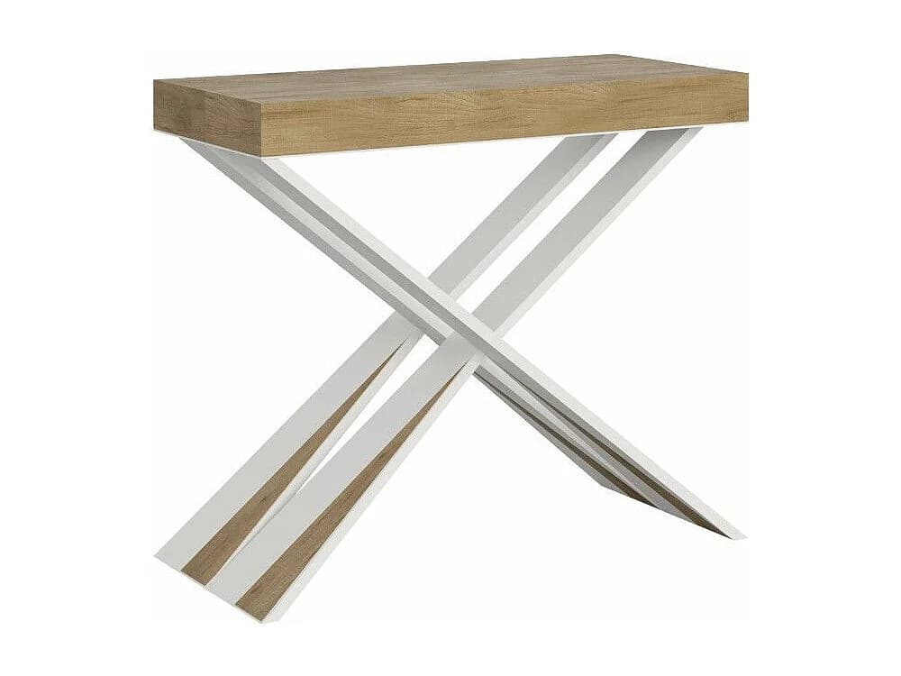 Console extensible bois pieds croisés blanc Diago-Couleur Naturel-4 pieds-5 rallonges fines