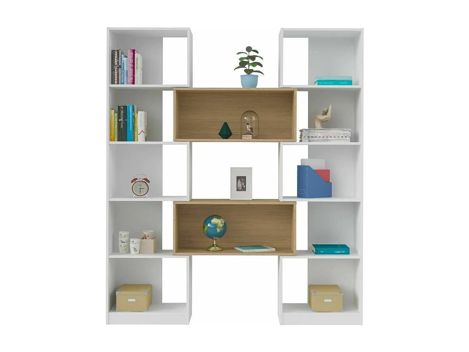Etagère bibliothèque modulable panneaux de fibres blanc et bois RUBEUS