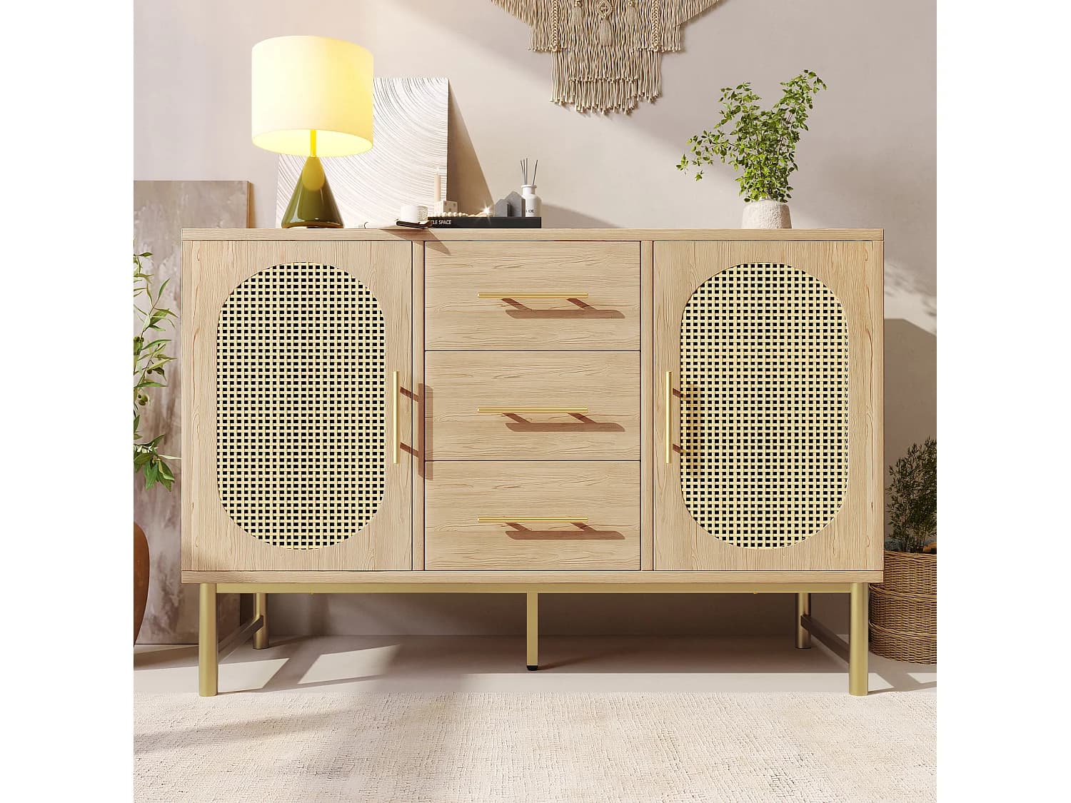 Buffet avec 3 tiroirs et 2 portes en rotin - 120 x 40 x 74 cm - Etagères réglables - Panneau de particules - Chêne
