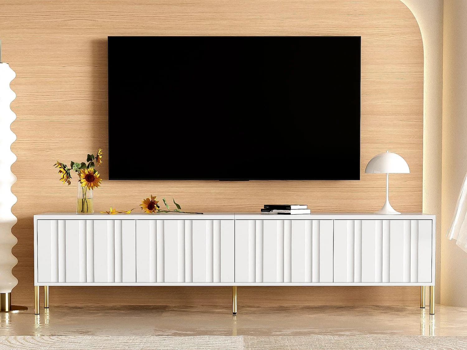 Meuble TV L 190cm - 4 portes et 8 étagères - style moderne - Blanc