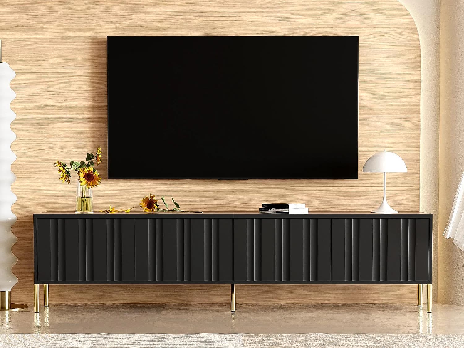 Meuble TV L 190cm - 4 portes et 8 étagères - style moderne - Noir