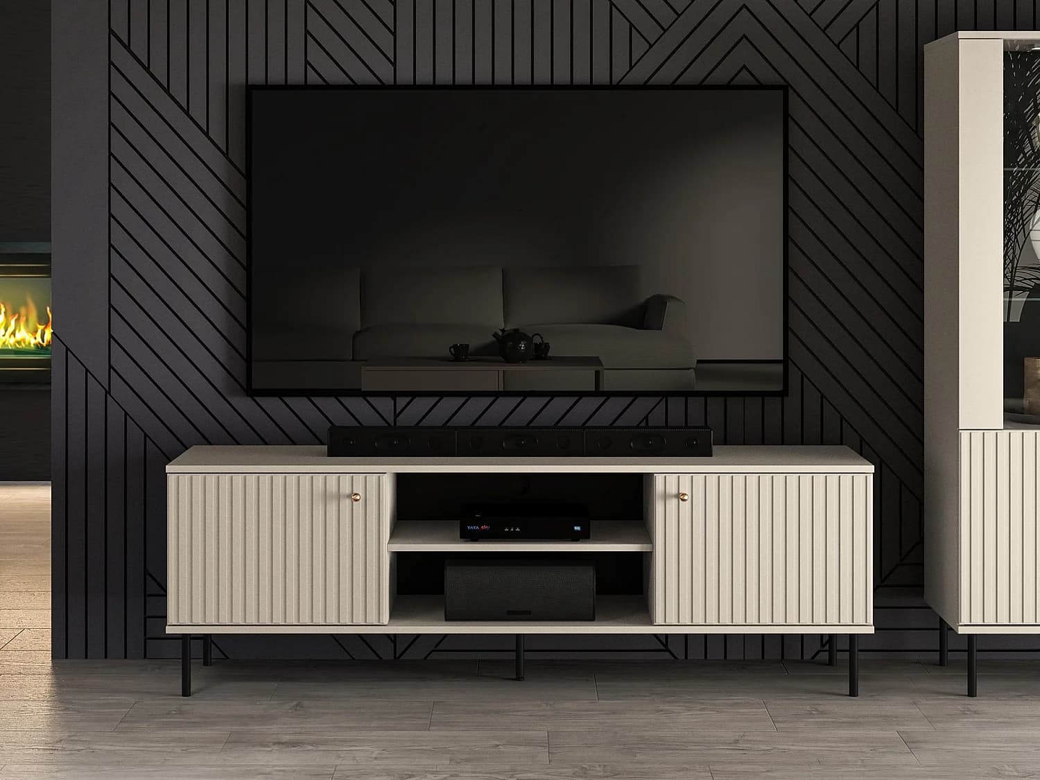Meuble TV - 2 portes avec lamelles - 160 cm - beige - CALETTO