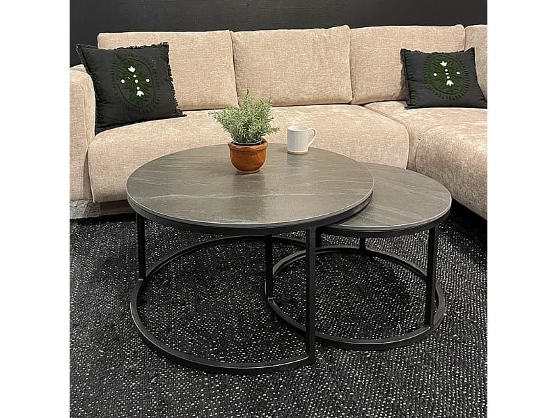 Tables basses gigognes rondes céramique gris marbré pied métal – OXY