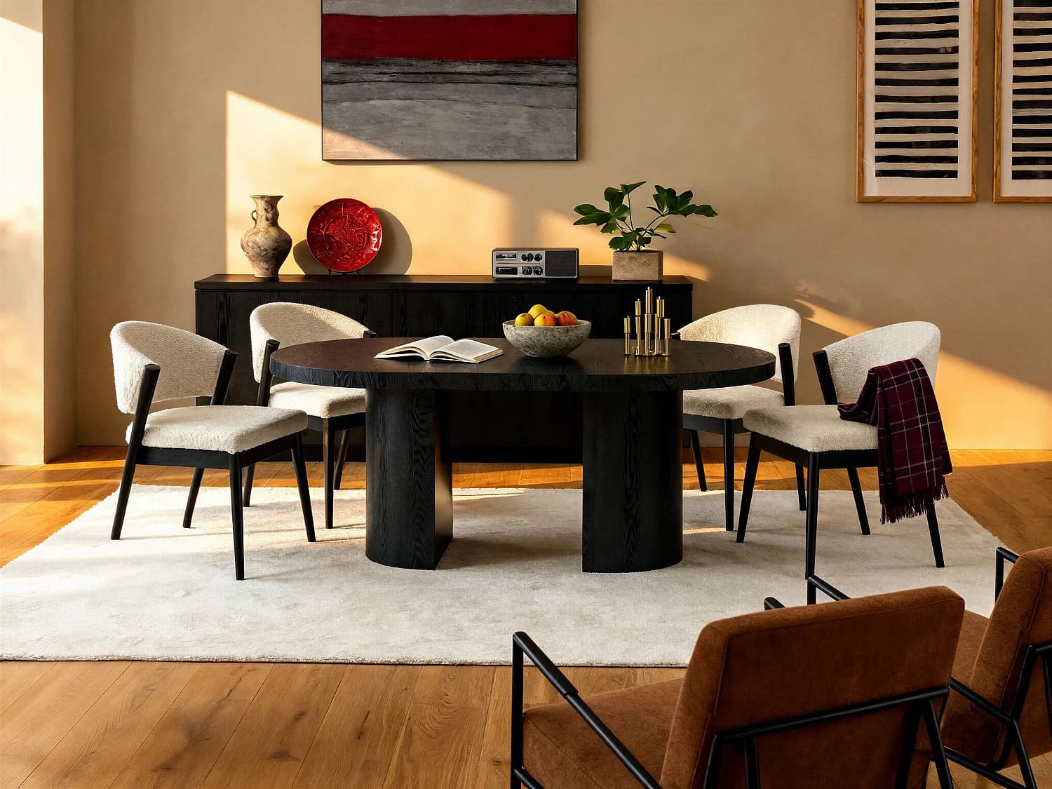 Lot de 2 chaises en tissu bouclette et bois d'hévéa noir - Blanc - ZELVYN