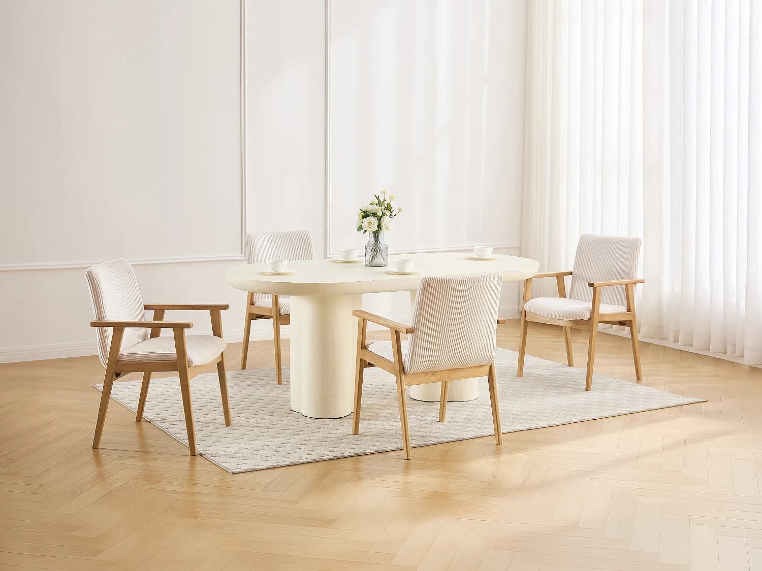 Lot de 2 chaises avec accoudoirs en velours côtelé et bois d'hévéa - Crème - FILDON