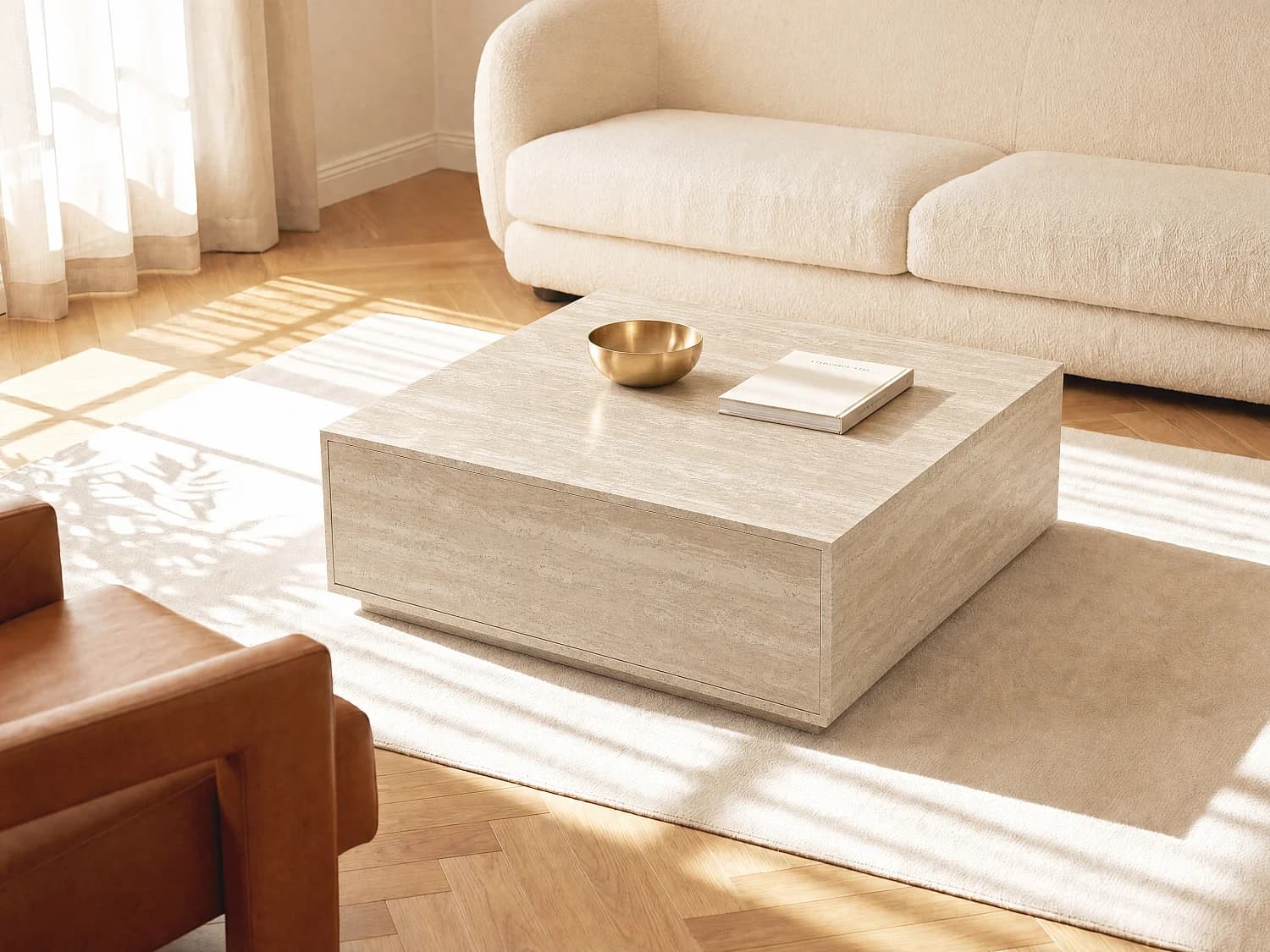 Table basse avec 2 tiroirs en MDF - L90 cm - Effet travertin beige - ANTRIM