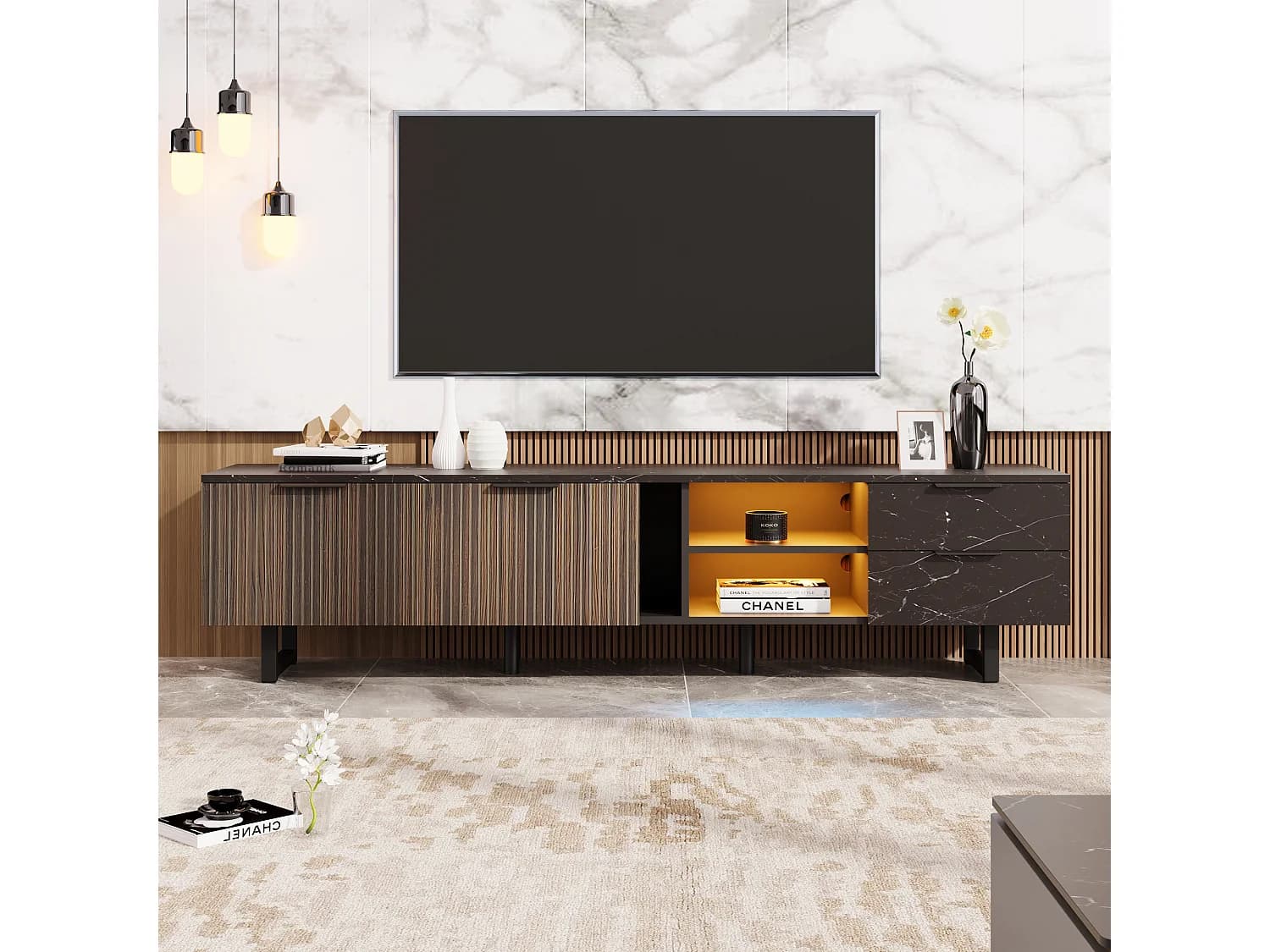 Meuble TV avec 2 portes, 2 tiroirs et 2 niches - 200 x 38 x 50 cm - LEDs - Bois MDF - Noir + bois