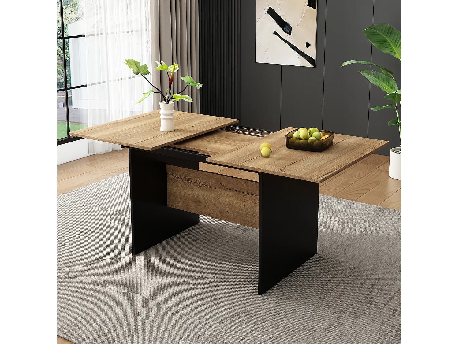 Table à manger extensible en grain de bois 4 à 6 couverts - L 140/180 x l 80 x H 75 cm - Bois MDF - Noir + Noyer foncé