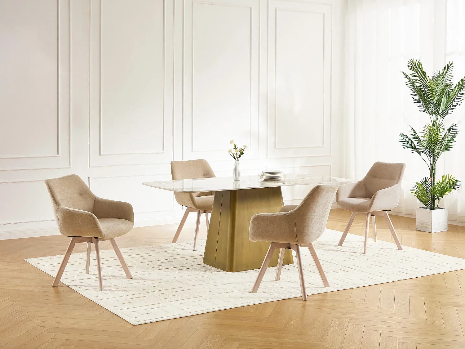 Lot de 2 chaises pivotantes avec accoudoirs en tissu et chêne - Beige - VELBURY