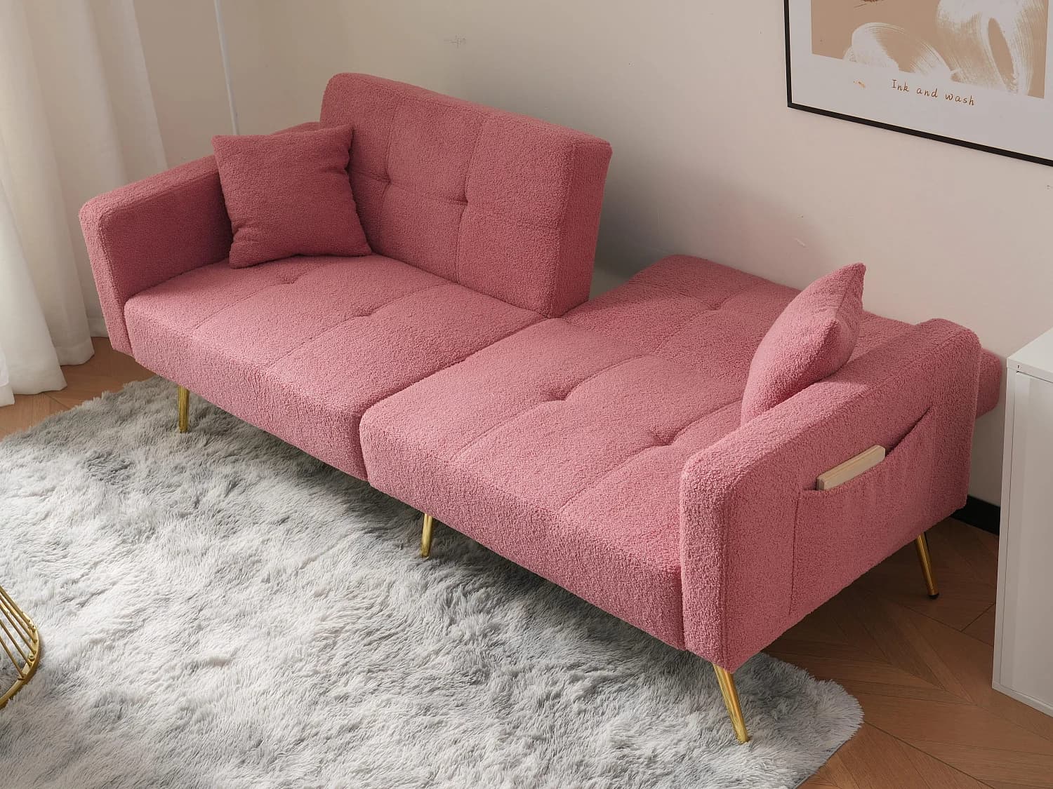 Canapé convertible avec dossier réglable - 2 places - tissu bouclette - Rose