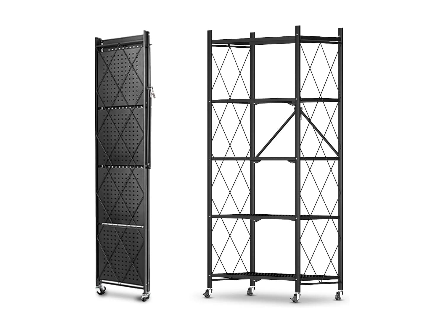 HomeMiYN Étagère de Rangement Pliable 4 à 5 Niveaux，Étagère de rangement multifonctionnel,Étagère à roulettes,71*34*159cm,Noir