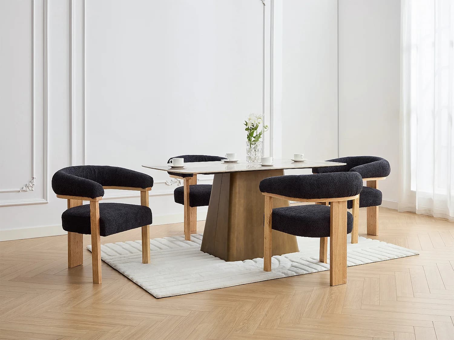 Lot de 2 chaises avec accoudoirs en tissu bouclette et bois d'hévéa naturel - Anthracite foncé - LIVELIA
