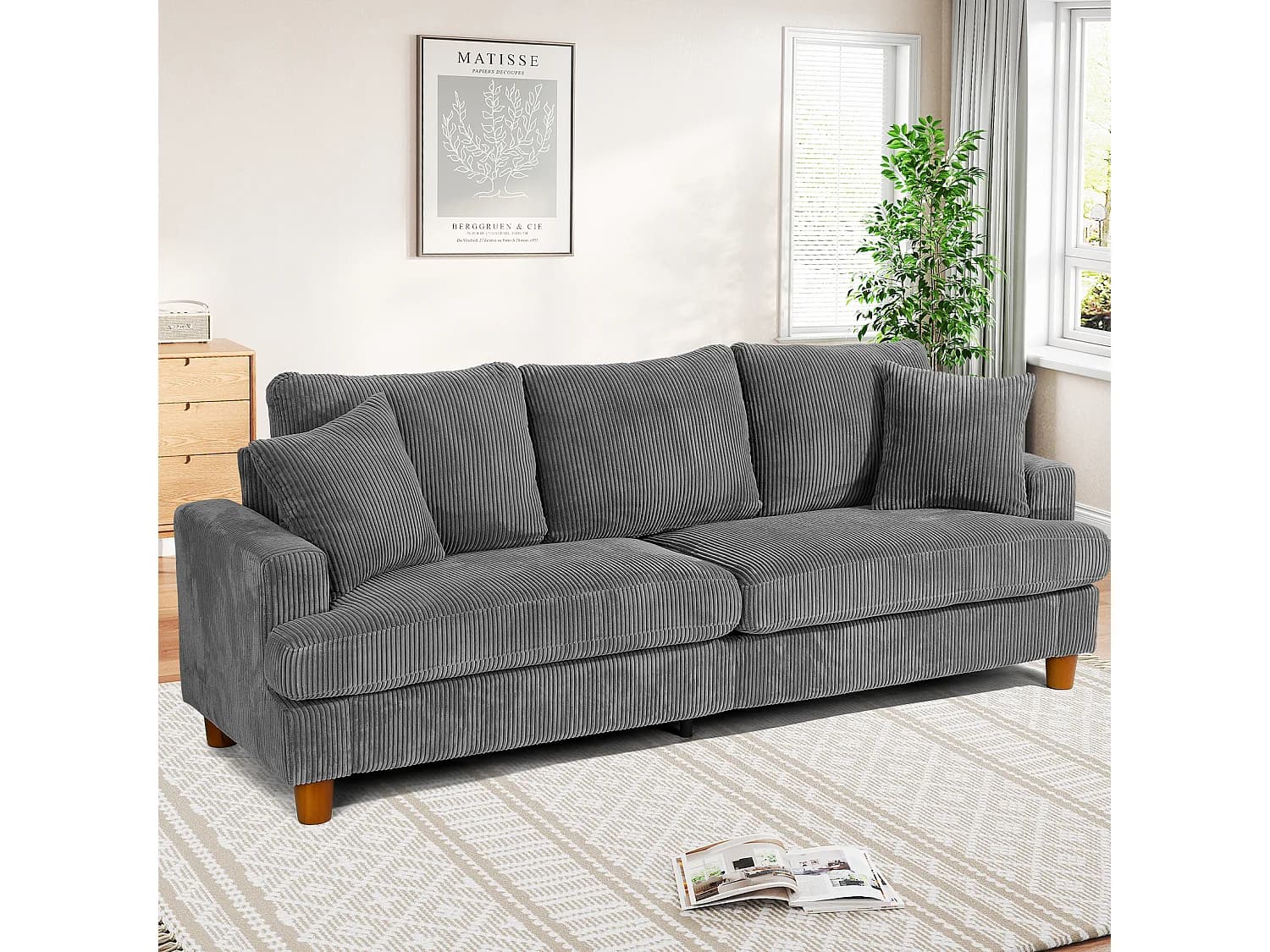 Canapé en Velours Côtelé 3 Places, Grand Canapé Droit Rembourré Moderne avec Sièges extra profonds de 53cm - 2 Coussins - 220x76x84cm - Gris