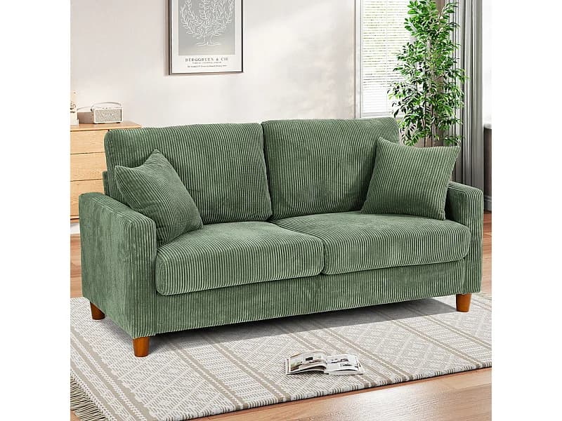 Canapé en Velours Côtelé 2 Places,Grand Canapé Droit Rembourré Moderne avec Sièges extra profonds de 56cm - 2 Coussins - 178x76x89cm - Vert