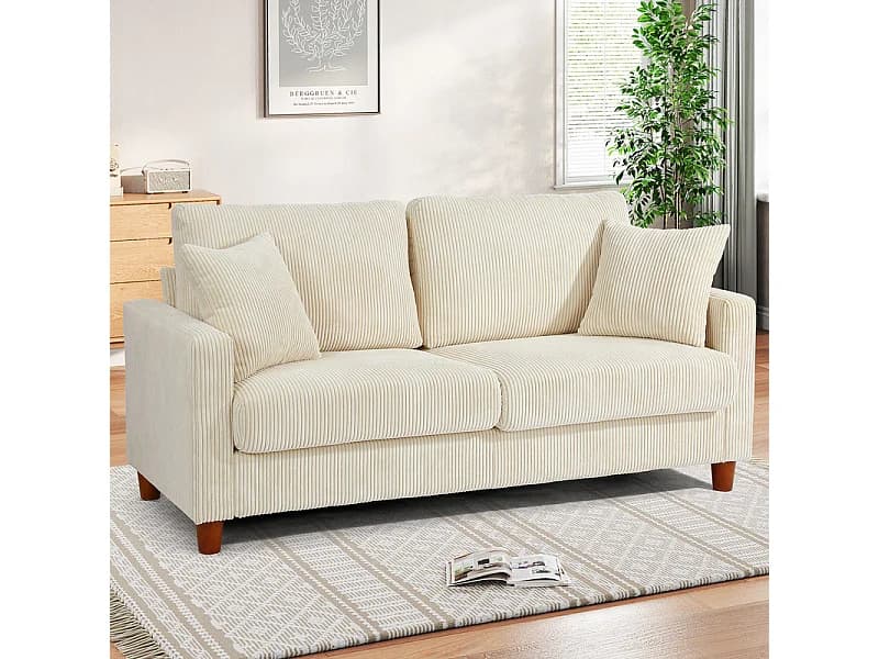 Canapé en velours 2 Places, avec 2 Coussins, sièges profonds de 56cm, 178x76x89cm, Beige