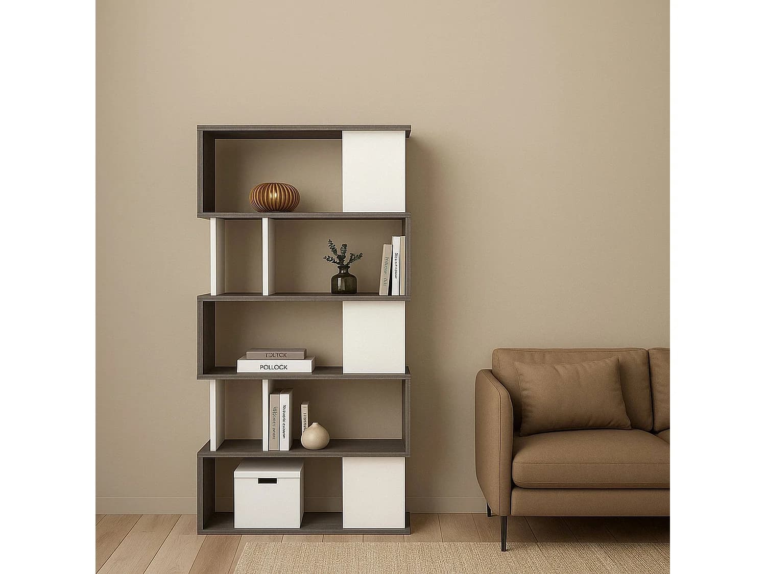 Bibliothèque Dscamacc, Etagère de bureau, Porte-livre mobile, Librairie, 80x30 h175 cm, Ciment et blanc