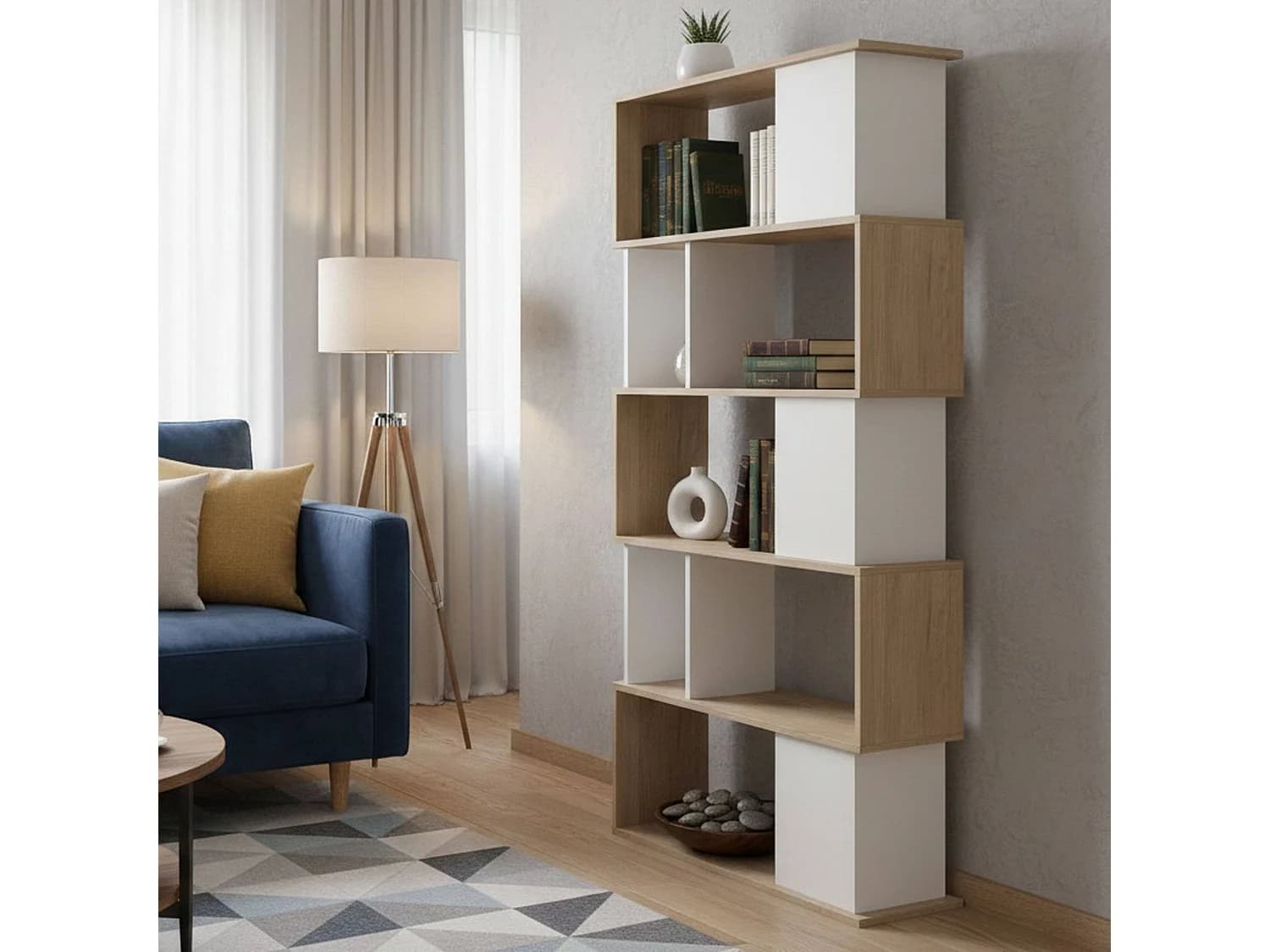 Bibliothèque Dscamacc, Etagère de bureau, Porte-livre mobile, Librairie, 80x30 h174 cm, Chêne clair et Blanc