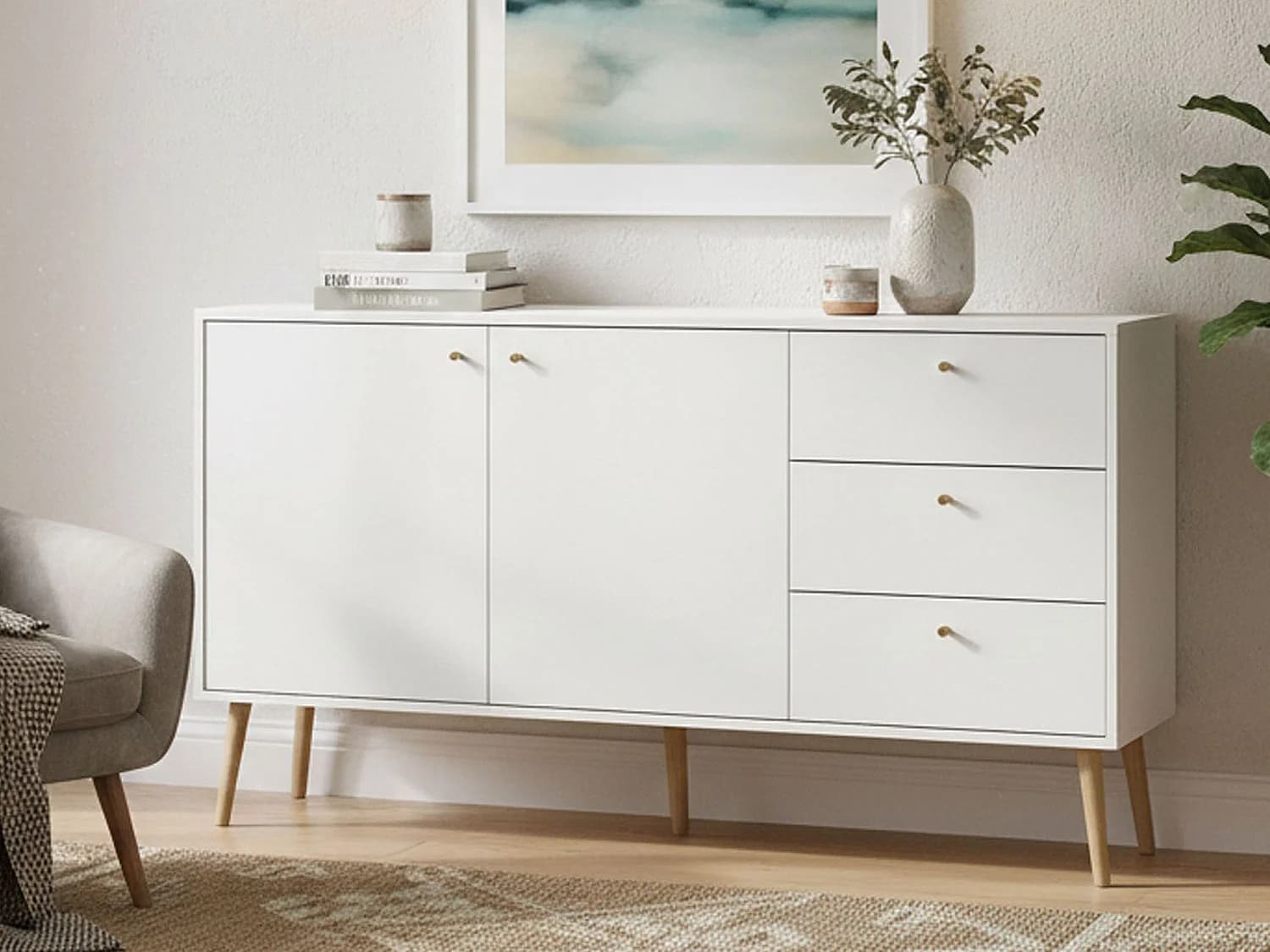 Buffet Dsann, Buffet du salon, Commode de salon, Garde-manger de cuisine, 147x39 h82 cm, Blanc