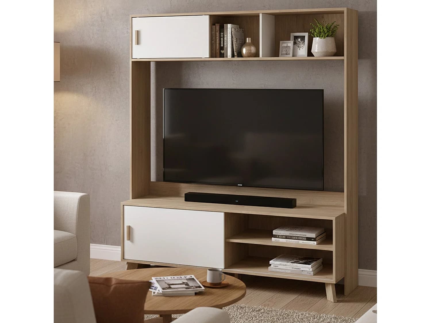 Meuble TV Dteston, Buffet de salon, Armoire basse pour TV, Base murale de rangement, 159x48 h181 cm, Chêne clair et Blanc