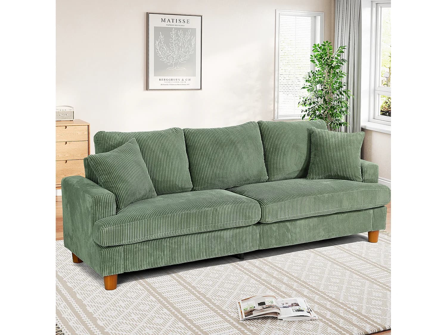 Canapé en Velours Côtelé 3 Places,Grand Canapé Droit Rembourré Moderne avec Sièges extra profonds de 53cm - 2 Coussins - 220x76x84cm - Vert