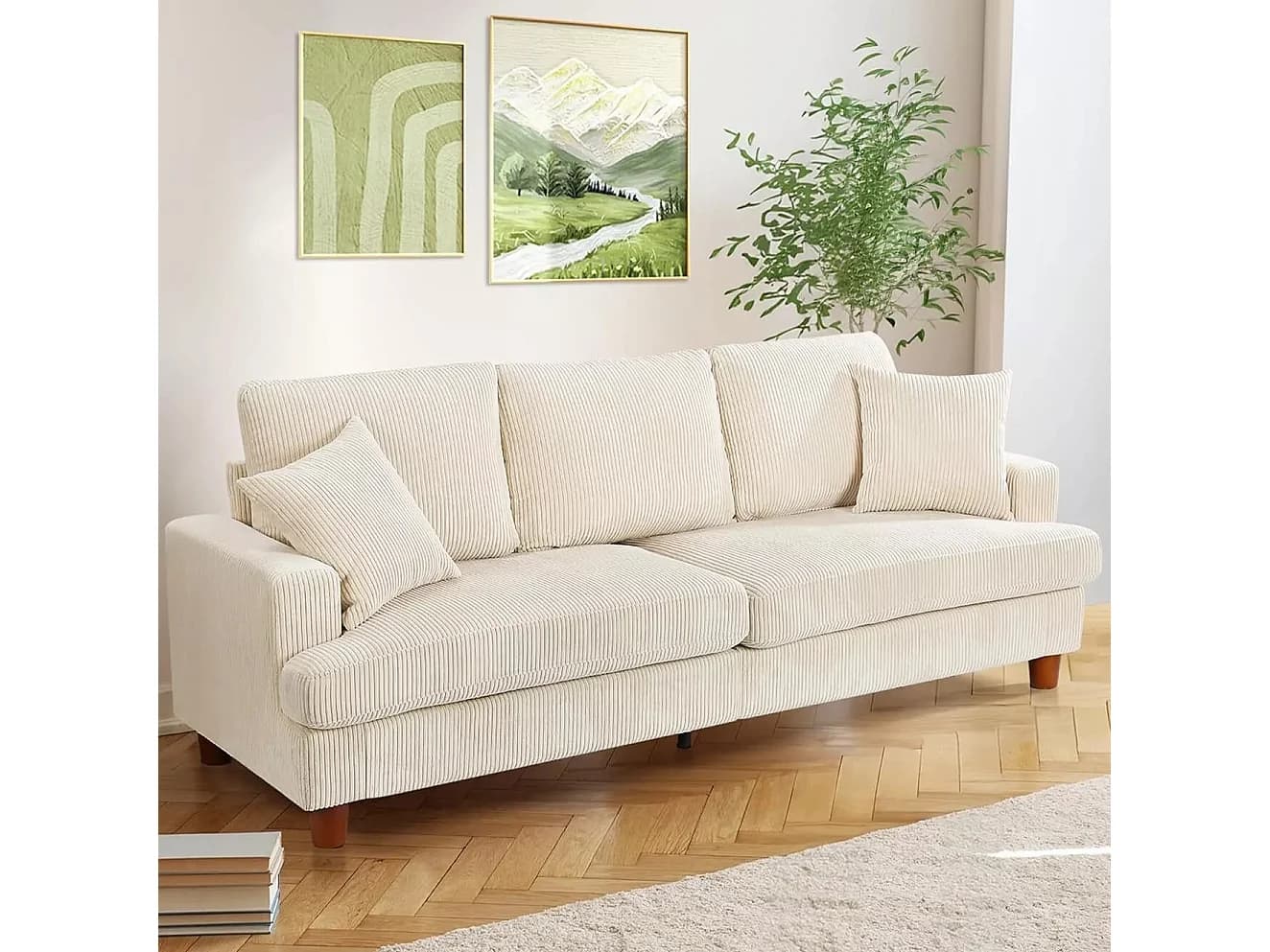 Canapé 3 Places en Velours Côtelé Beige, Grand Canapé Droit, Sièges extra profonds de 53cm, avec 2 Oreillers - 220x76x84cm