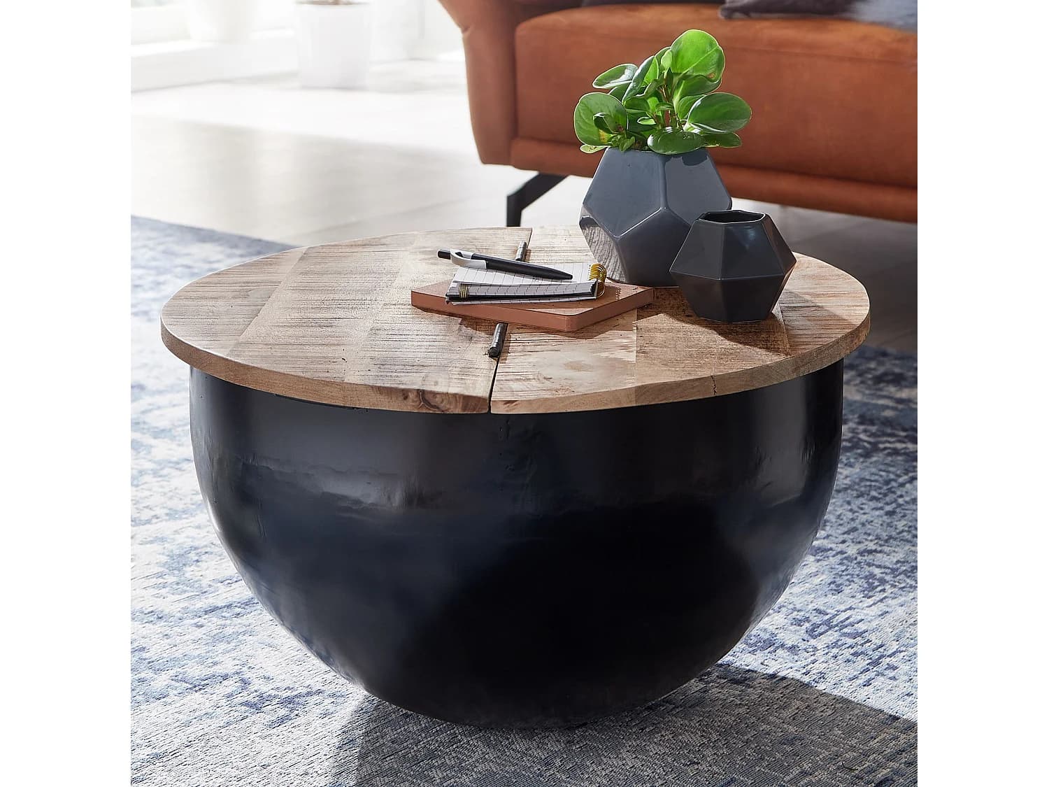 table basse manguier bois massif métal 60x34x60 cm style industriel rond | Table de salon design