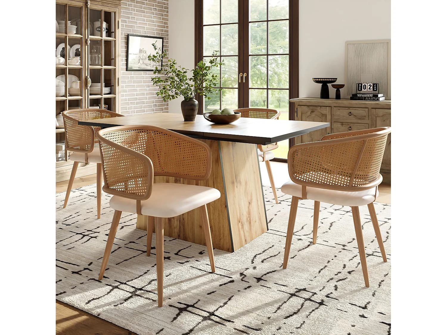 Lot de 4 chaises de salle à manger avec dossier en rotin - Pièds en métal et coussin en cuir PU - Avec accoudoirs - Beige