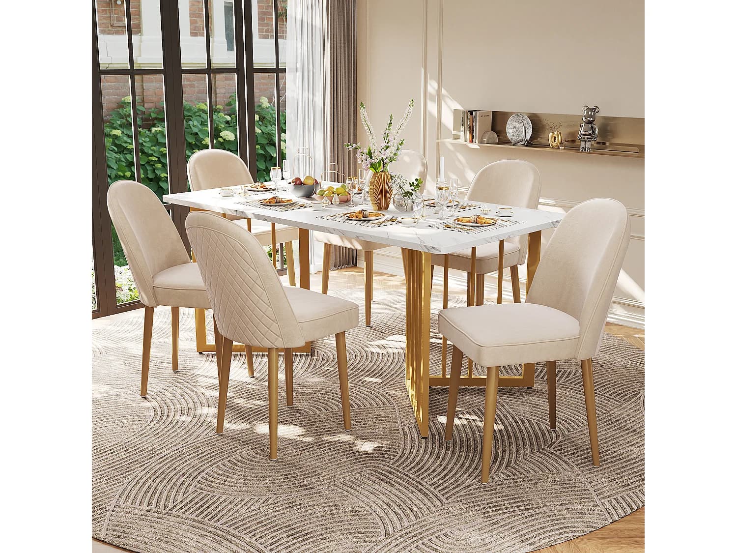 Lot de 6 chaises de salle à manger modernes en velours - Pièds en métal doré - Sans accoudoirs - Beige