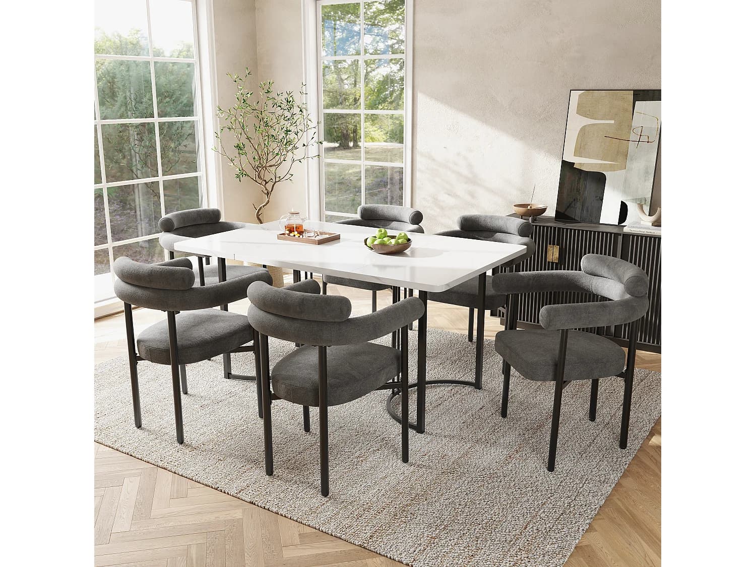 Lot de 6 chaises de salle à manger en velours - Pièds en métal - Avec accoudoirs - Gris foncé