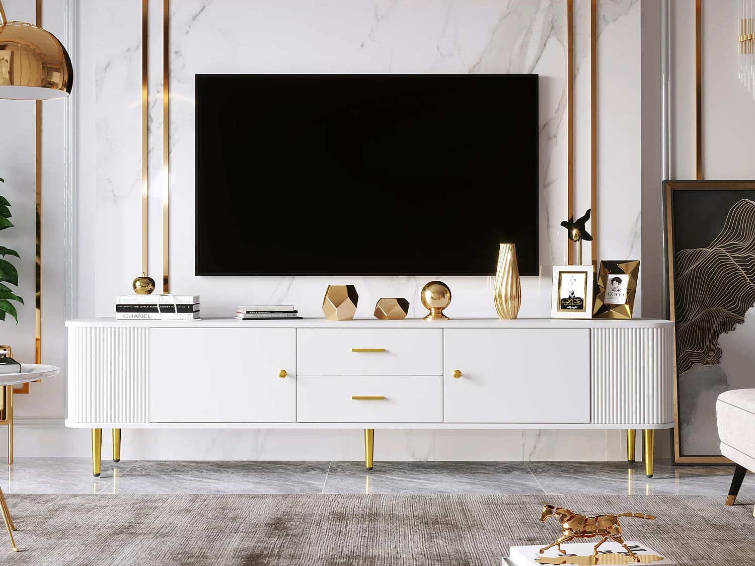 Meuble TV L 170cm - 2 tiroirs et 2 portes - poignées et pieds dorés - Blanc