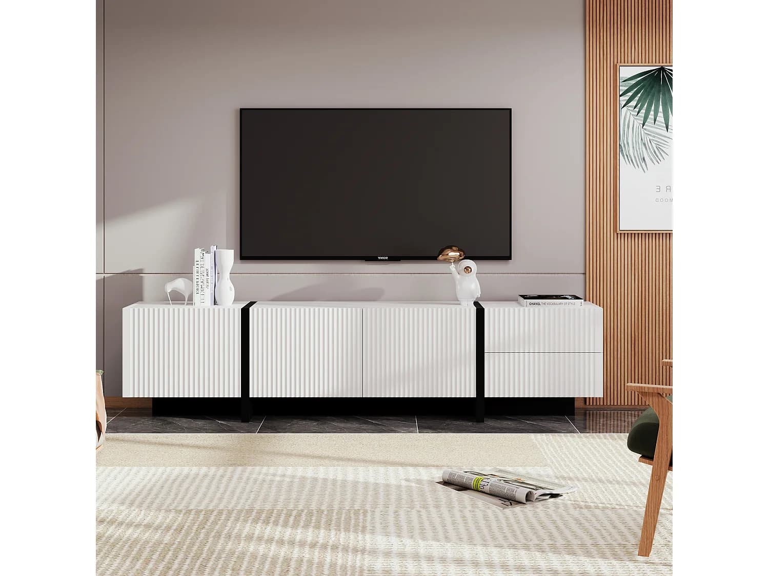 Meuble TV avec 2 tiroirs et 3 portes - 190 x 35 x 45 cm - Bois MDF et panneau de particules - Blanc + noir