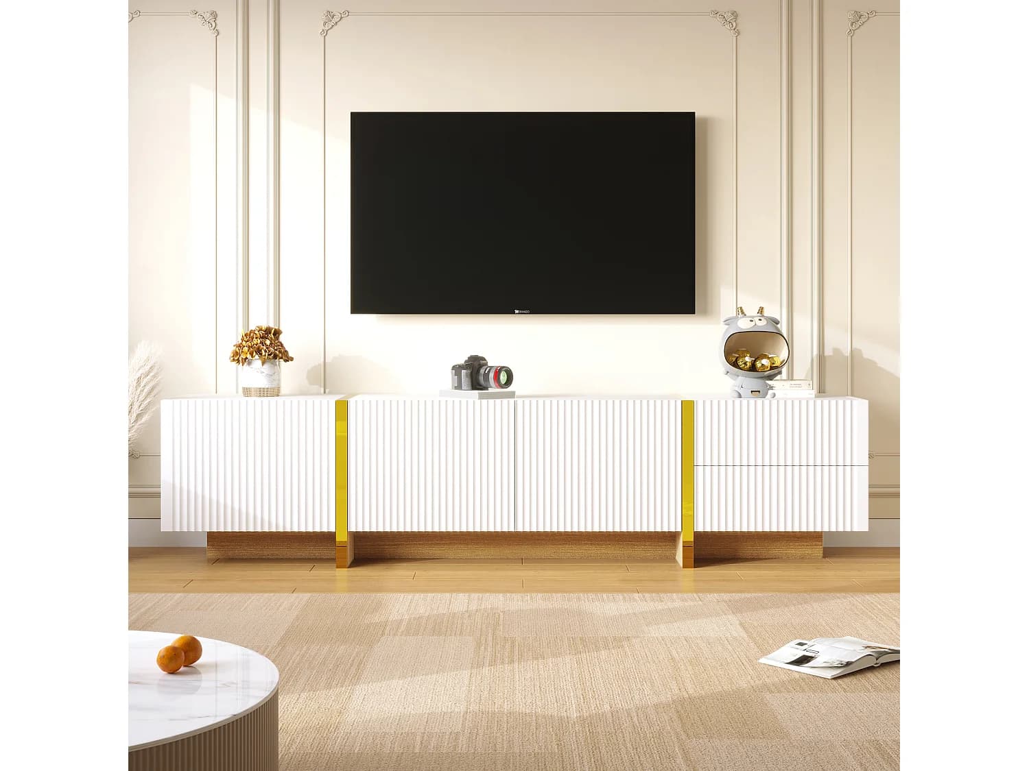 Meuble TV avec 2 tiroirs et 3 portes - 190 x 35 x 45 cm - Bois MDF et panneau de particules - Blanc + or