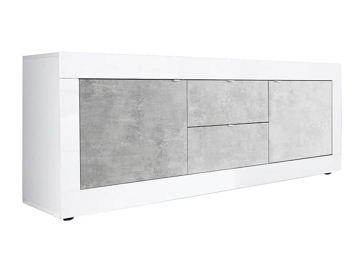 OTELLO - Meuble TV 2 Portes 2 Tiroirs Finition Blanc Laqué et Aspect Béton