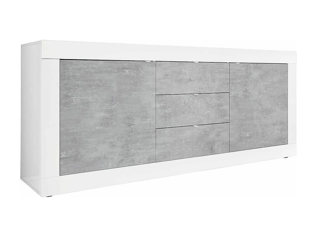 OTELLO - Buffet 2 Portes 3 Tiroirs Finition Blanc Laqué et Aspect Béton