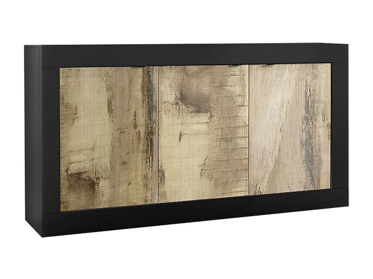 OTELLO - Buffet 3 Portes Finition Noir Mat et Aspect Bois Antik