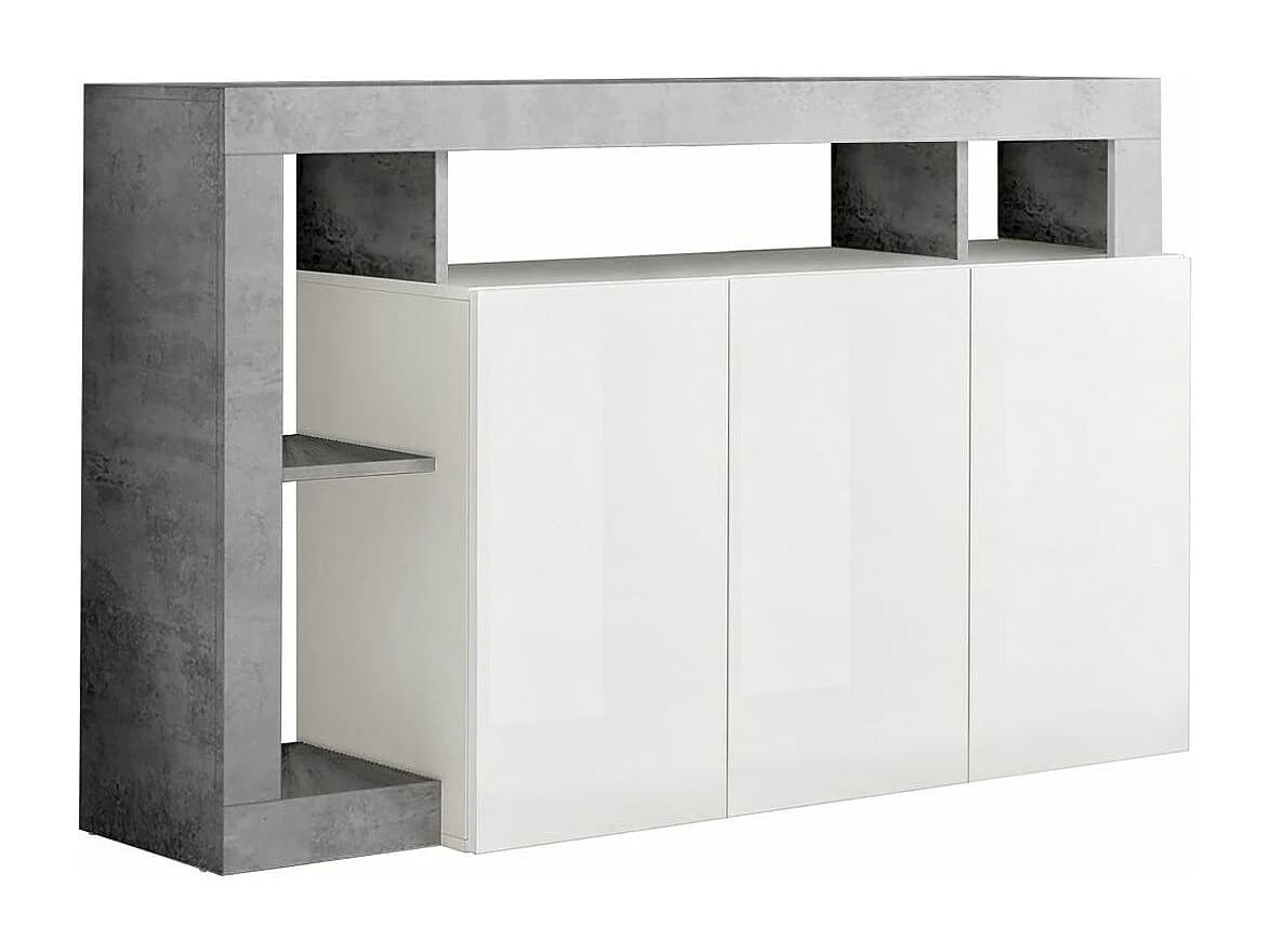 ARTURO - Buffet 3 Portes Blanc Laqué Encadrement Niches Finition Aspect Cimento