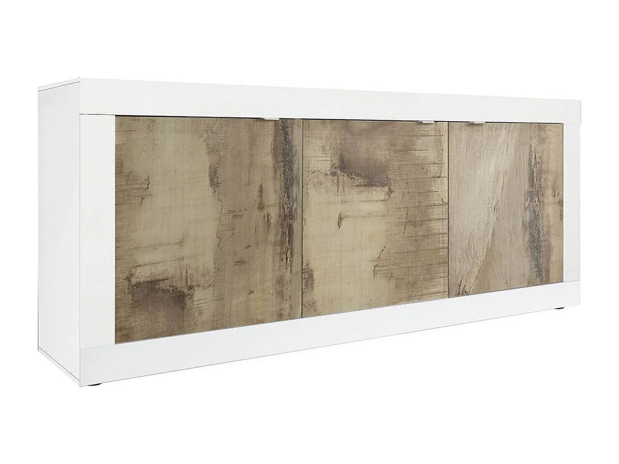 OTELLO - Buffet 3 Portes Finition Blanc Laqué et Aspect Bois Antik