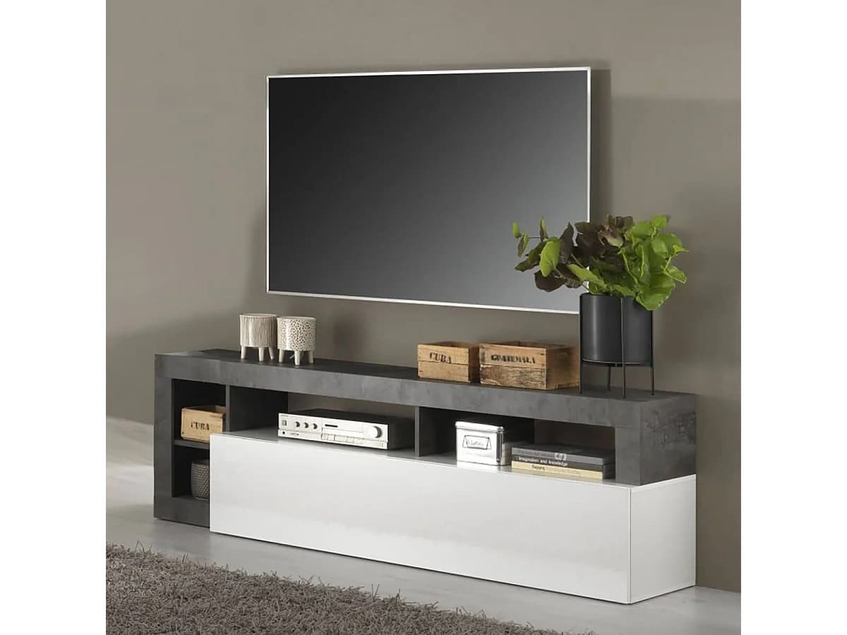 ARTURO - Meuble TV 1 Abattant Blanc Laqué Encadrement Niches Aspect Gris Oxyde