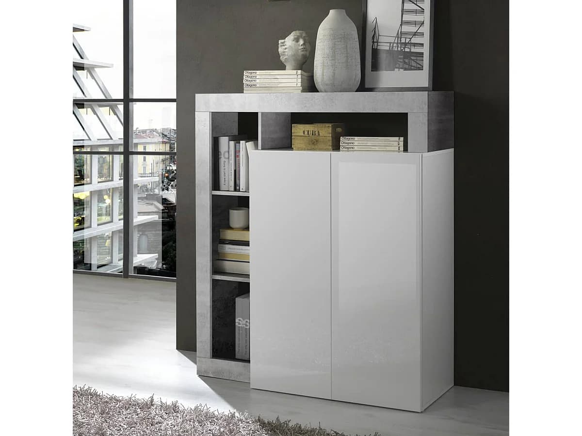ARTURO - Meuble Bar 2 Portes Blanc Laqué Encadrement Niches Aspect Cimento