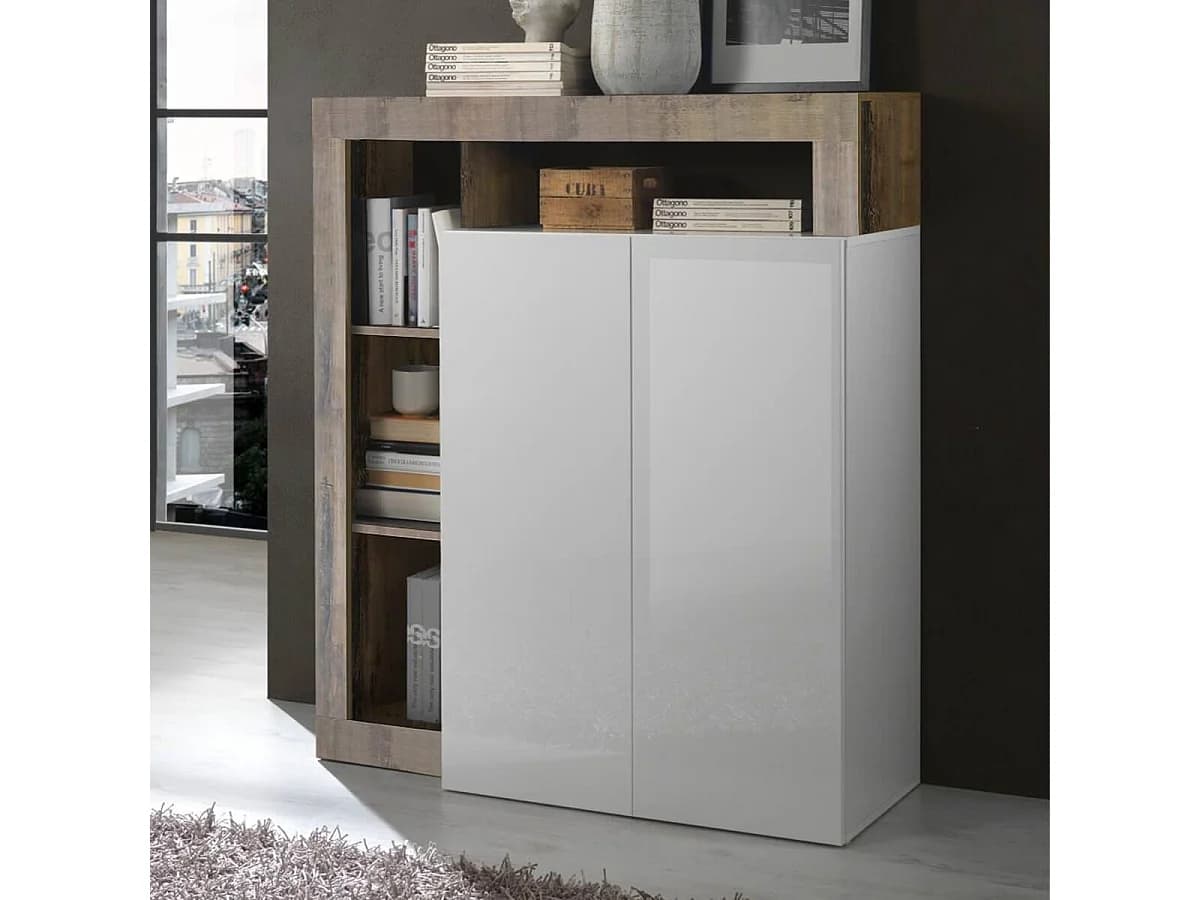ARTURO - Meuble Bar 2 Portes Blanc Laqué Encadrement Niches Aspect Bois Antik