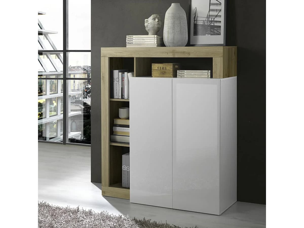 ARTURO - Meuble Bar 2 Portes Blanc Laqué Encadrement Niches Aspect Bois Cadiz