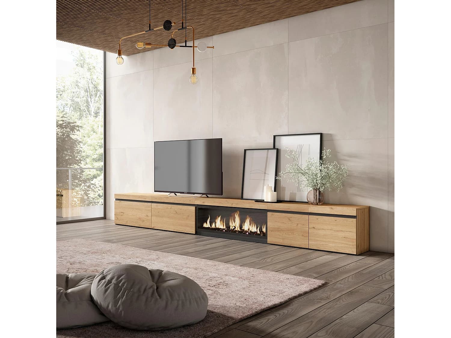 Meuble TV, Banc Télé, 368x35x45cm, Cheminée électrique XXL, Chêne