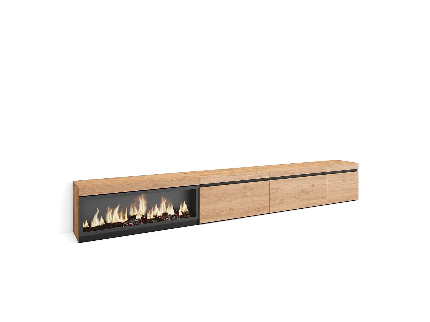 Meuble TV, Banc Télé, 317x35x45cm, Cheminée électrique XXL, Chêne