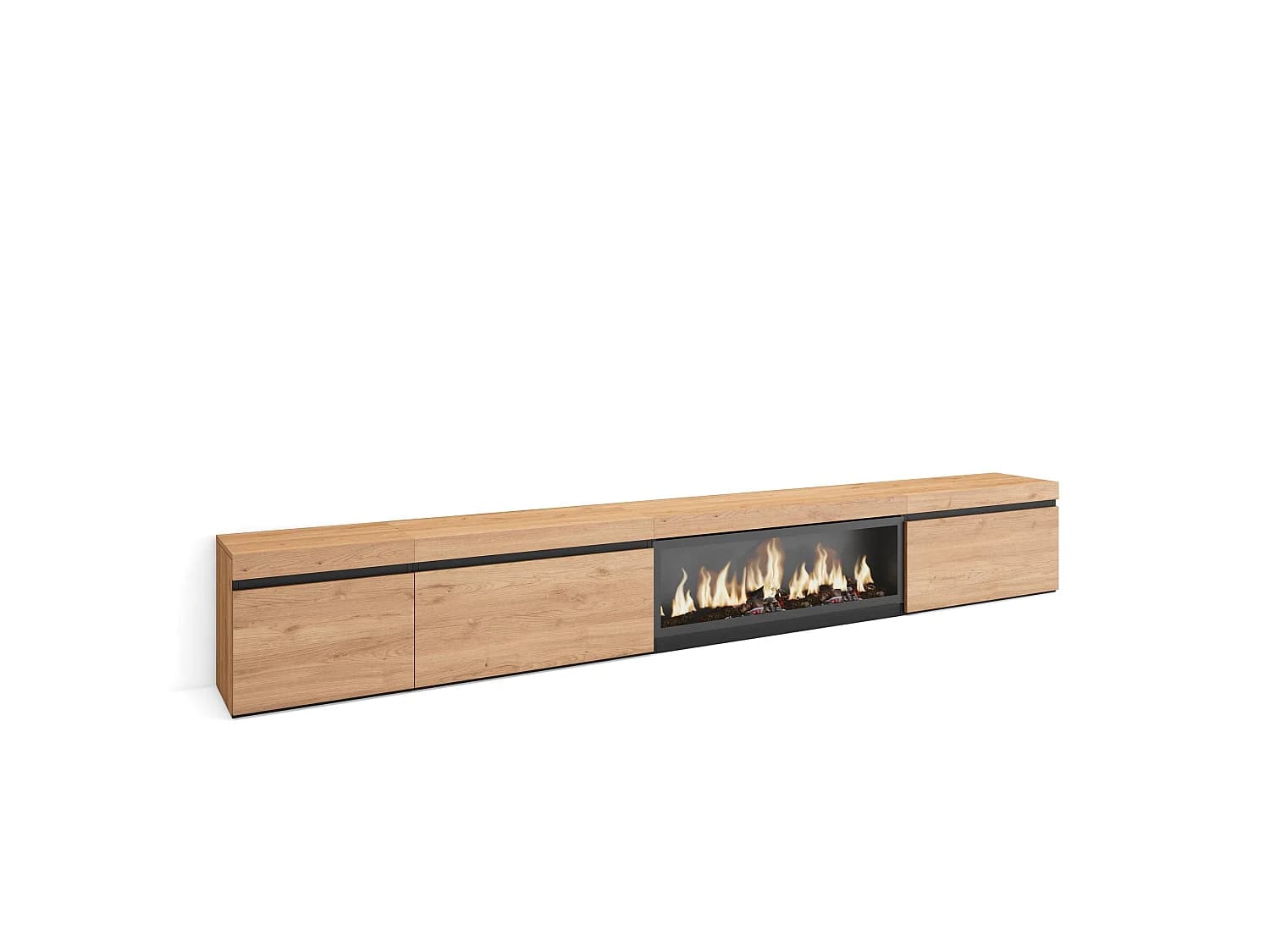 Meuble TV, Banc Télé, 317x35x45cm, Cheminée électrique XXL, Chêne
